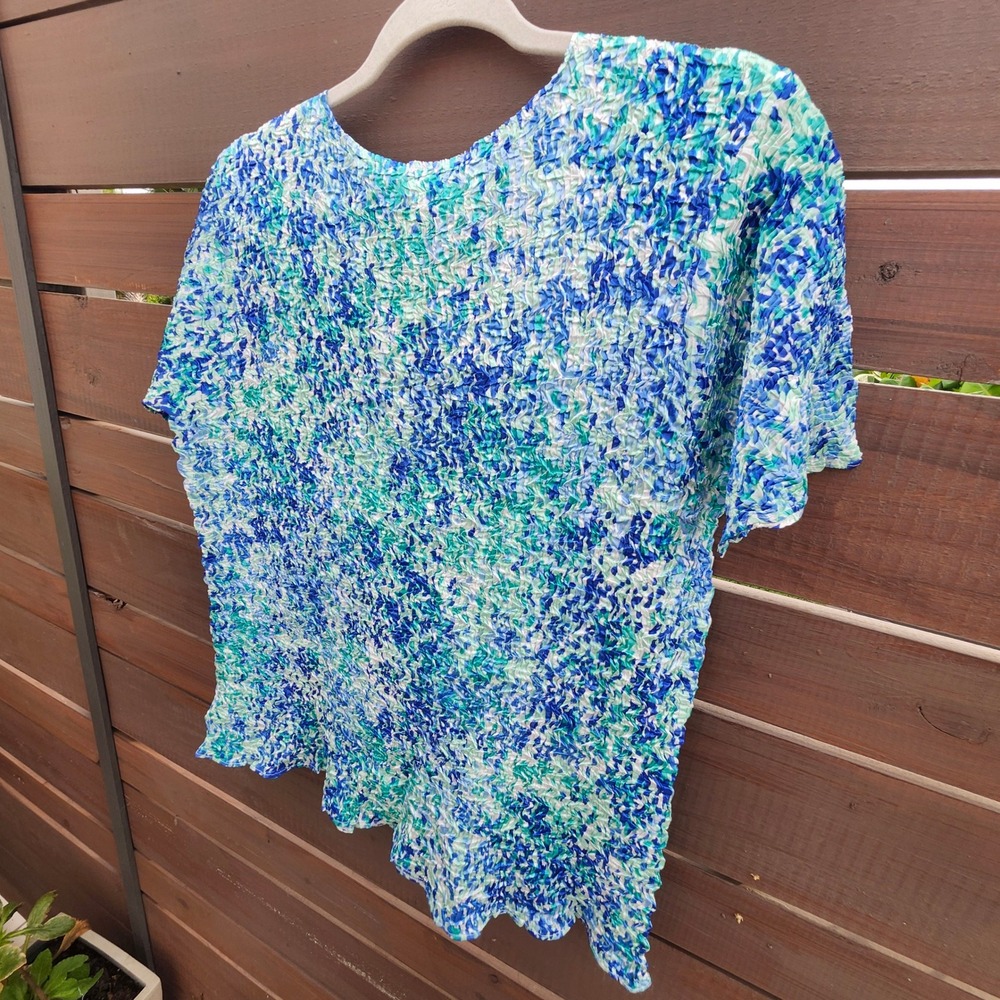 Vintage Jaclyn Smith Popcorn Top‎ Blue Green Abstract Floral size XL - Picture 8 of 11